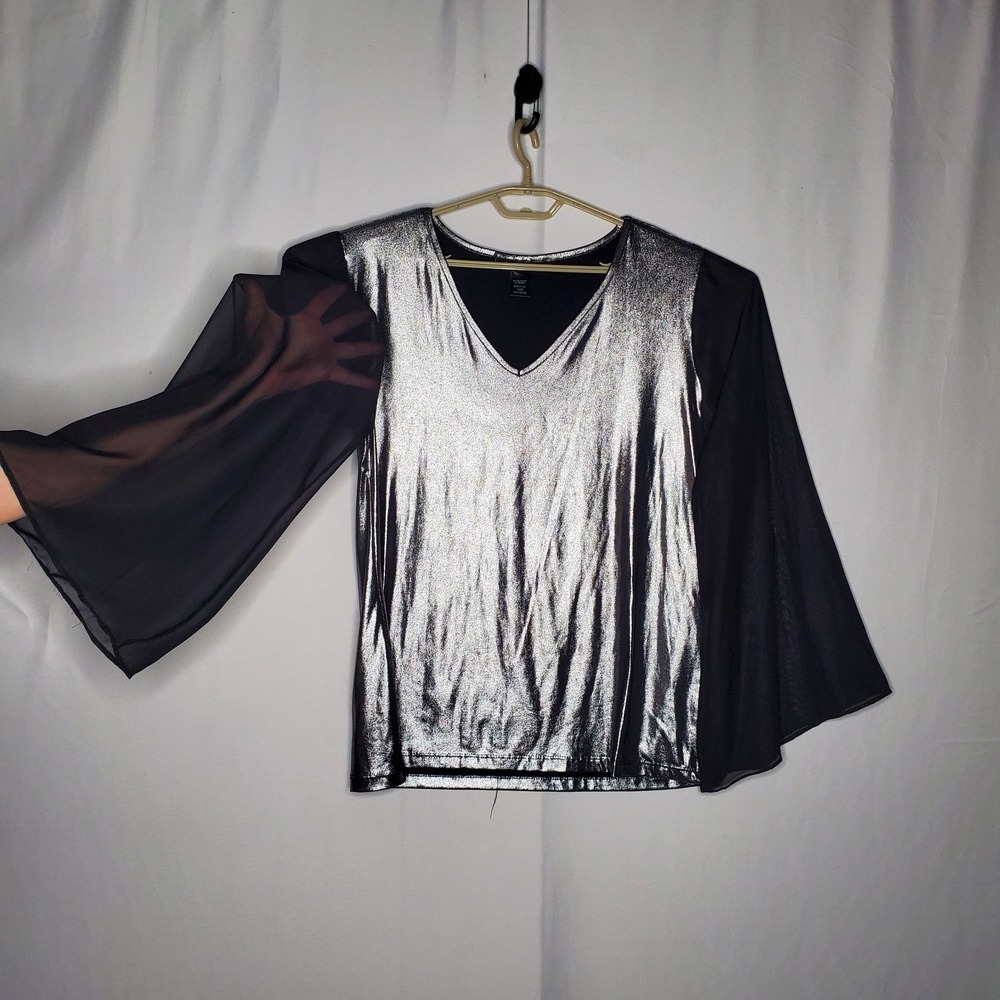 Ashley‎ Stewart Y2K Silver Metallic Sheer Flare Sleeve Top 18/20 Disco Party